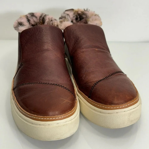 Toms Faux Pink Brown Leo Fur Paxton Brown Leather Slip-Ons Size 7 - Picture 3 of 12